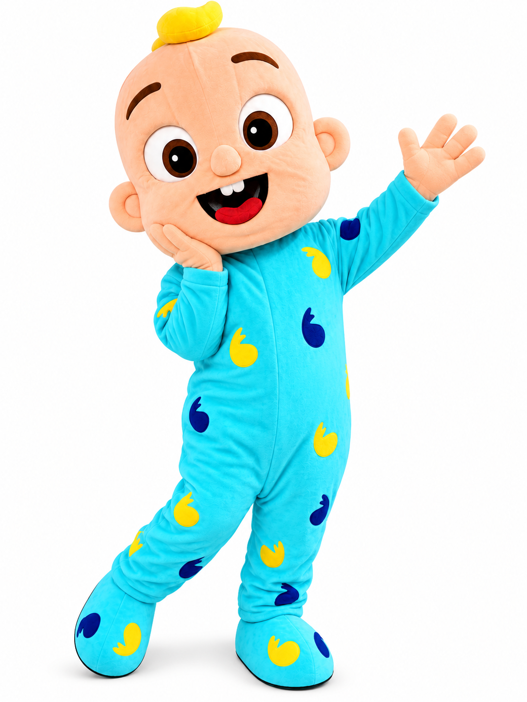 Smiling baby character mascot in a turquoise outfit with colorful spots
