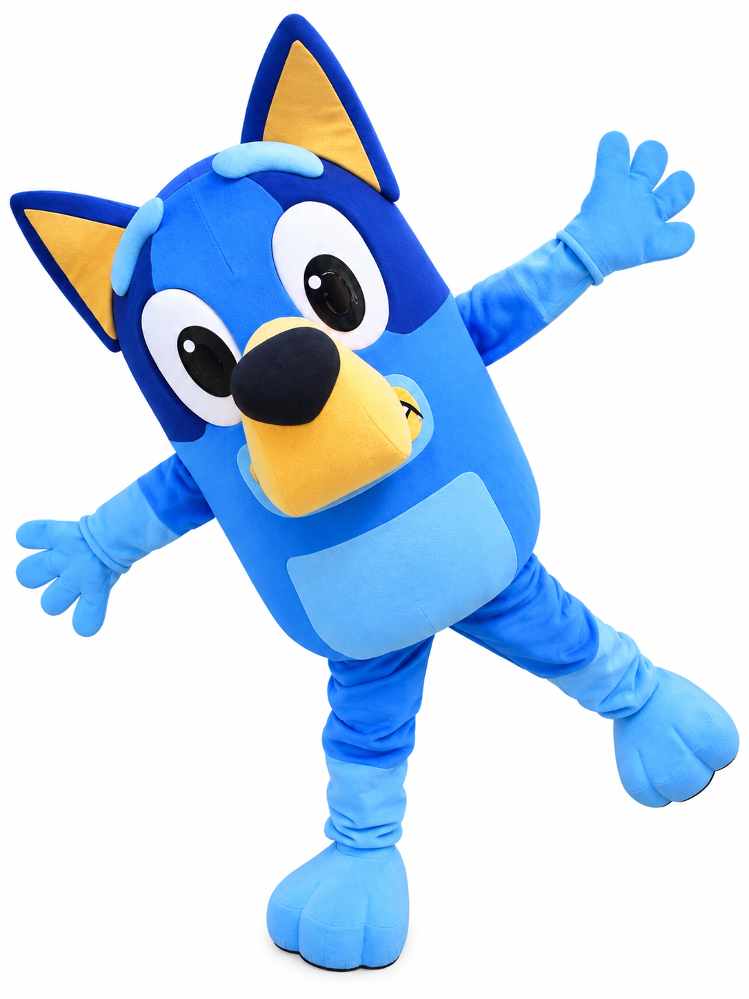 Blue cartoon puppy mascot waving with arms outstretched