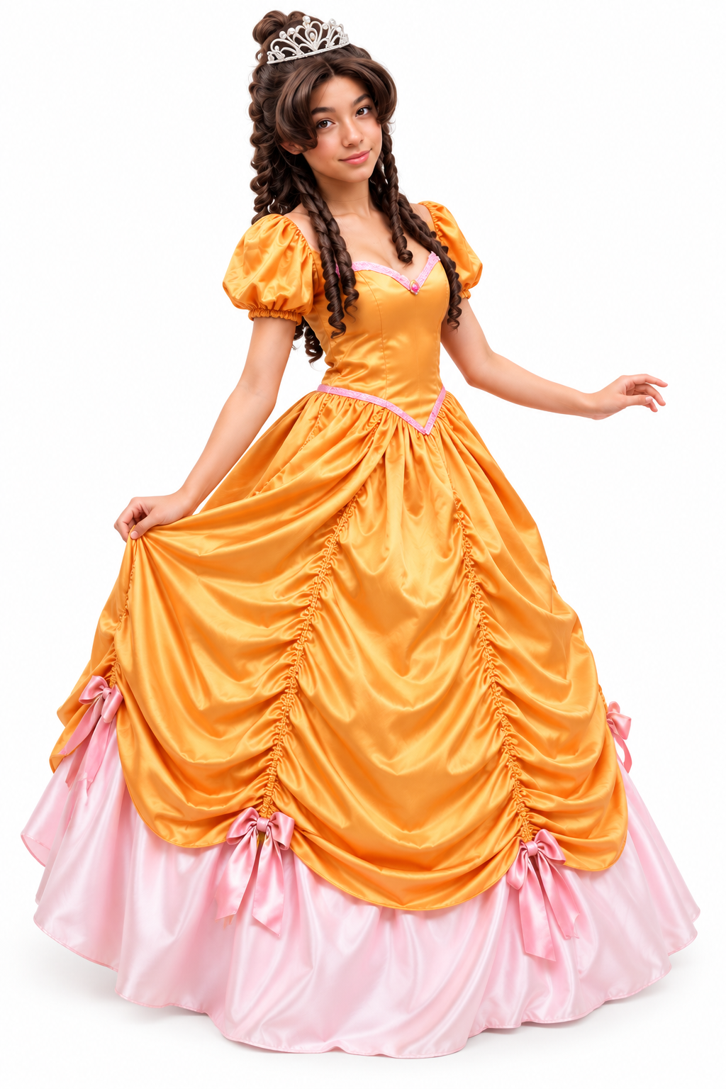 Performer in a golden ball gown with pink details and a small tiara