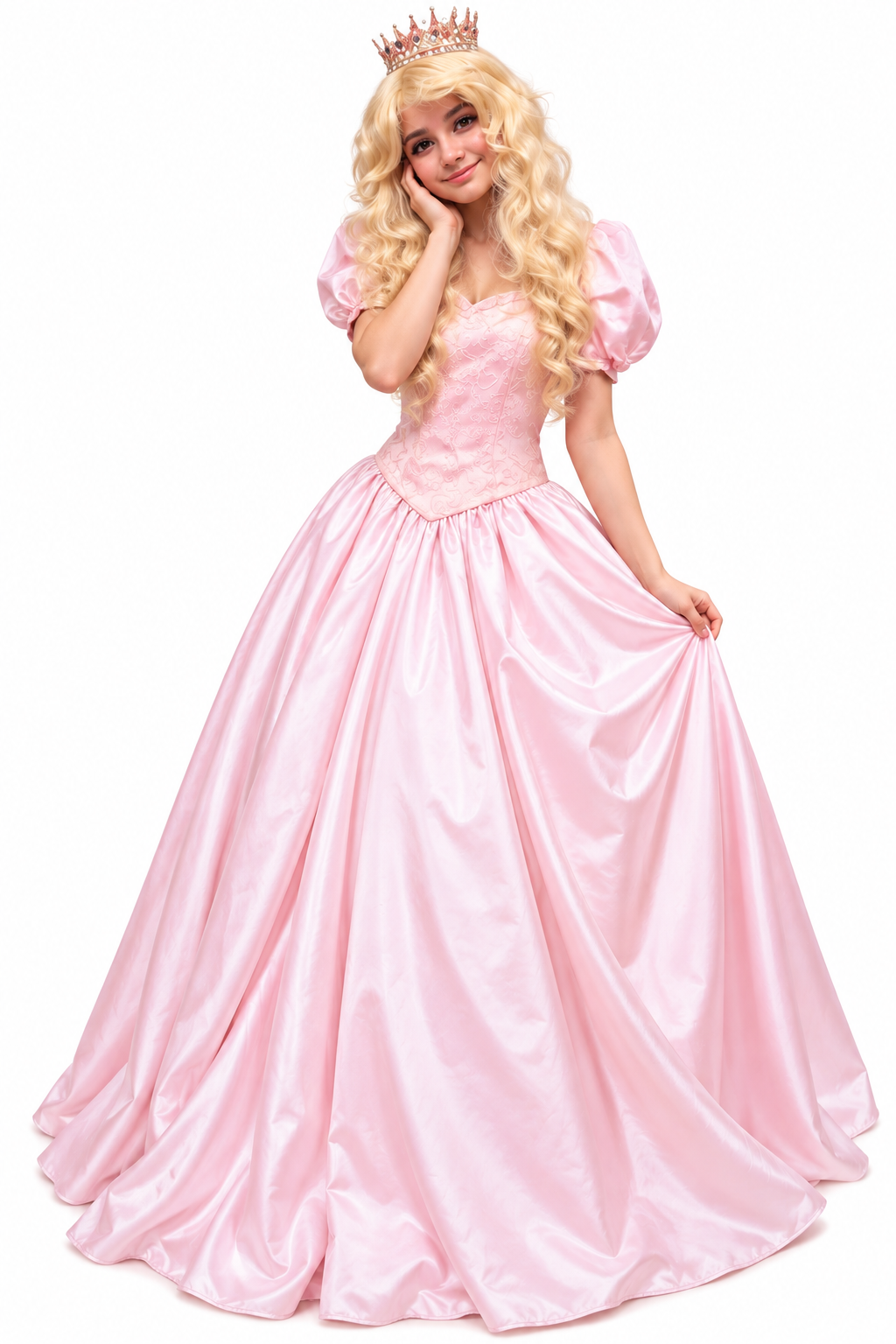 Performer in a pale pink ball gown and sparkling crown