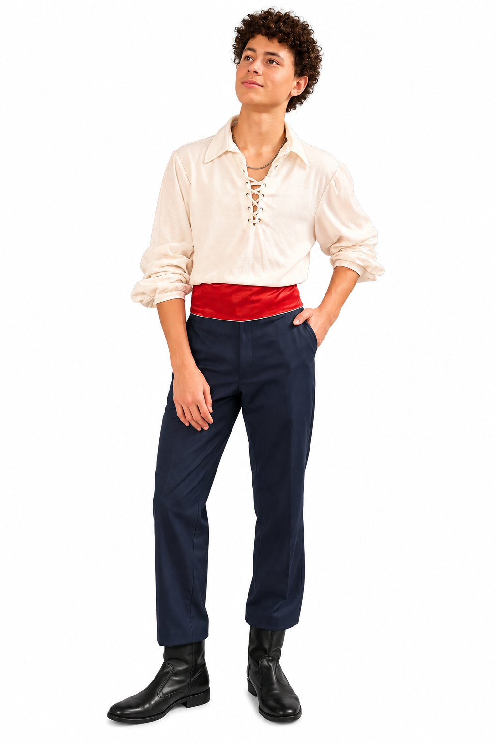 Performer in a cream pirate shirt, red sash, and dark trousers