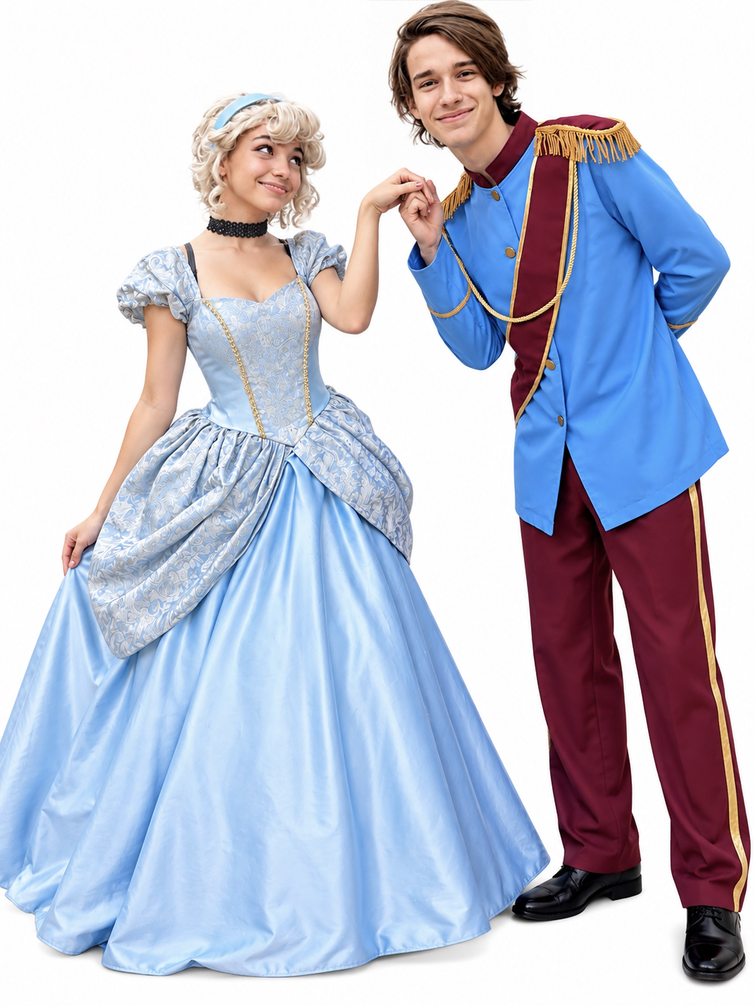 Two performers in coordinated royal blue and burgundy costumes